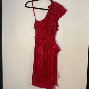Milly of New York floral jacquard silk ruffled one shoulder tie waist dress